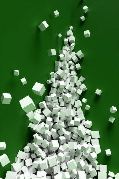 写真 緑の壁の背景の 3 d レンダリング図の近くの抽象的な白い立方体の大きな山