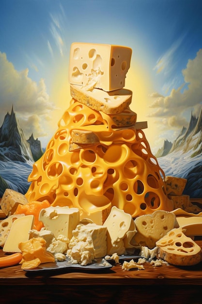 写真 木のテーブルの上に置かれた大きなチーズの山