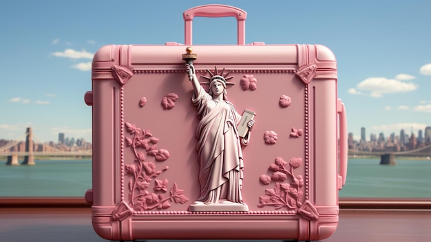 사진 그 아래에 자유의 여신상이 있는 큰 분홍색 여행 가방