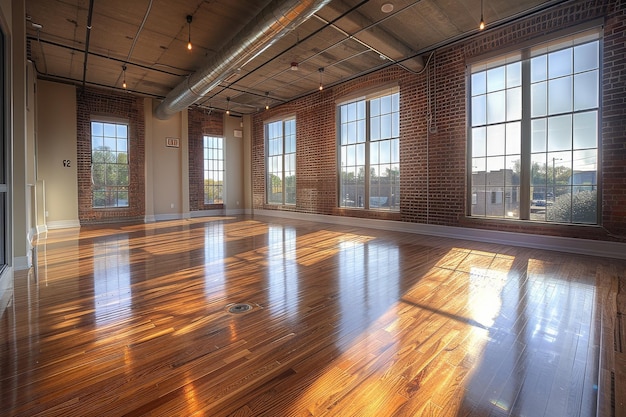 写真 窓と木製の床がたくさんある大きな部屋