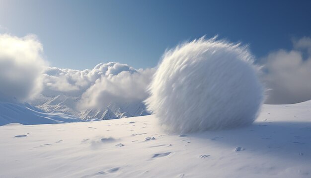 Фото Большой снежный шар, спускающийся по холму, в очень подробном реалистичном фото