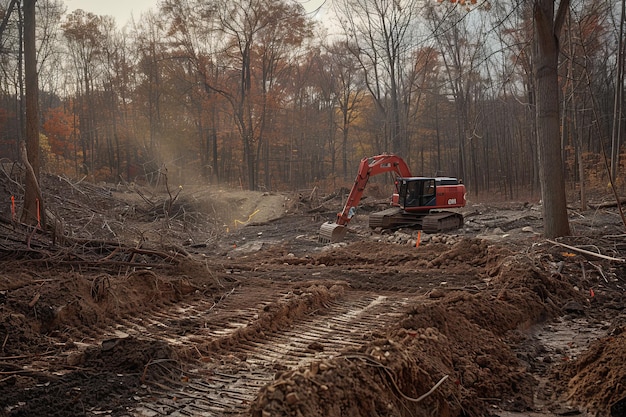 Фото Большой желтый экскаватор в поле с грязью и деревьями