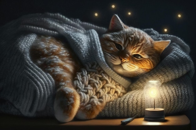 Фото Ленивый кот дремлет на диване со светодиодной подсветкой и уютным шерстяным свитером идея выходного дня для зимнего или осеннего вида сверху