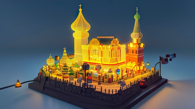 写真 背景に教会がある建物のレゴモデル。
