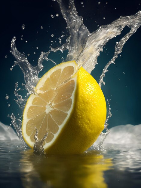 Фото Разрезанный пополам лимон падает в воду живописные брызги воды ai генерация