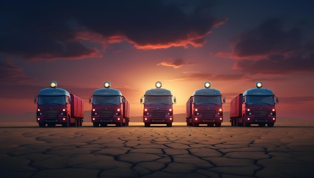 Фото Линия красных грузовиков с огнями на них
