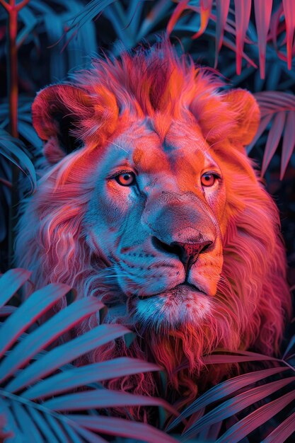 사진 사자는 빨간색과 파란색의 배경으로 정글에 서 있습니다.