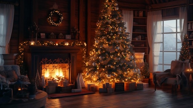 Фото Освещенная елка в уютном доме ночью с действующим камином в стиле 32к