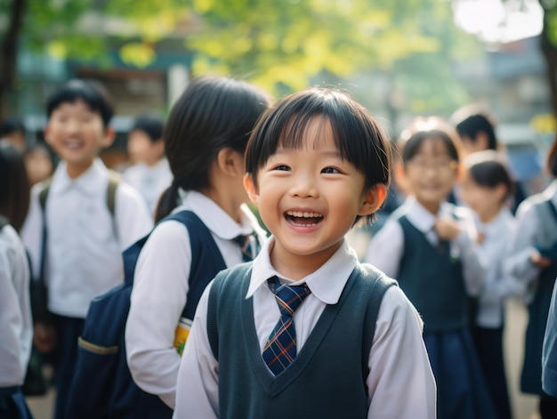 사진 작은 아시아 학교 소년은 그들의 미소로 기을 방출합니다.