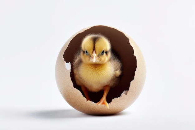 Фото Маленький цыпленок вылупляется из яйца на белом фоне