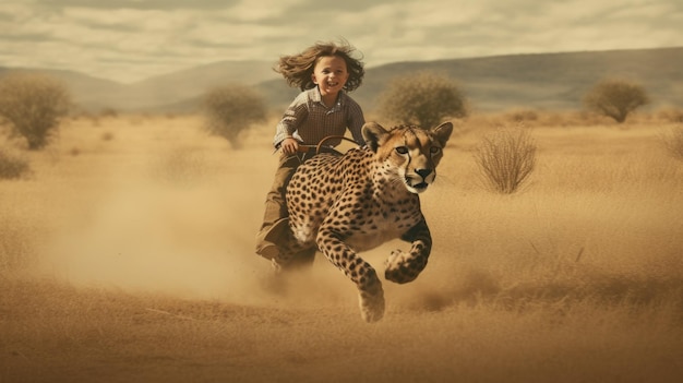 Фото Маленький мальчик в восторге от катания на гепарде, который с большой скоростью мчится по огромной саванне генеративный ии aig27