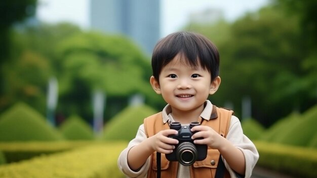 写真 カメラを持った小さな男の子がそれにaと書かれたベストを着ています