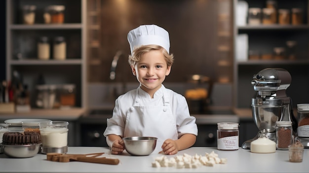 사진 요리사 의상 을 입은 작은 소년 이 부 에서 음식 을 만든다