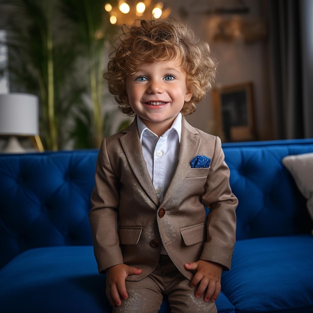 Фото Маленький мальчик в костюме сидит на диване.