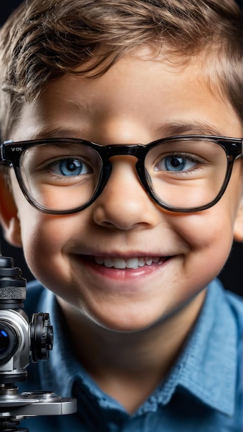 写真 眼鏡をかぶった小さな男の子 歯のついた微笑み そしておもちゃの微鏡 彼の好奇心と