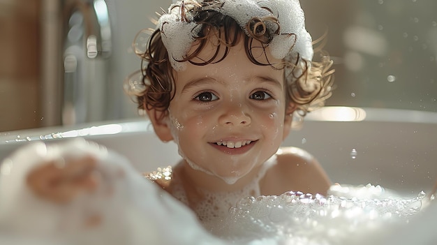Фото Маленький ребенок в ванне наслаждается ванной с пеной в голове с размытым фоном и пространством для текста или продукта генеративный ии