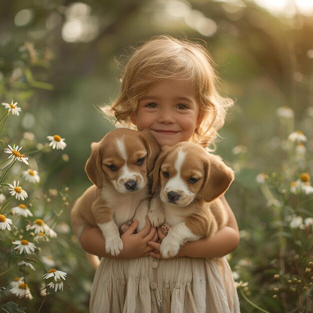 写真 可愛い小さな女の子が夏に自宅の近くに座って子犬を手に持っています