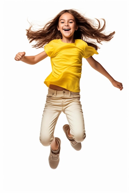 写真 小さな可愛い黄色い服を着た女の子が白い背景で孤立してジャンプしている