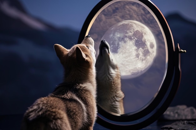 写真 鏡の前に立っている小さな子犬 鏡の中に見えるのは 巨大なオオカミが月に向かって叫んでいる