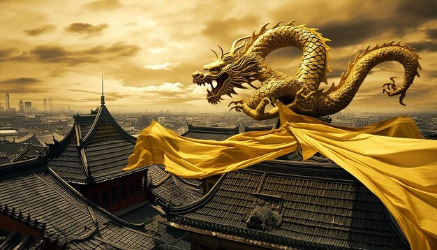 写真 金色のドラゴン旗を着た小さなドラゴン中国人が 金色の屋根で手伝いをしていた