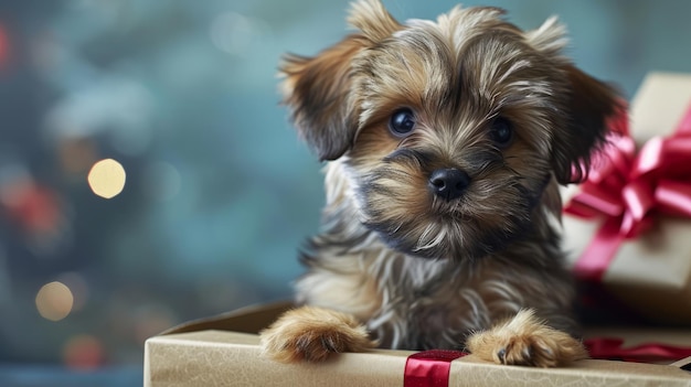 사진 작은 재미있는 사랑스러운 강아지 강아지가 선물 상자에서  ⁇ 어나옵니다.