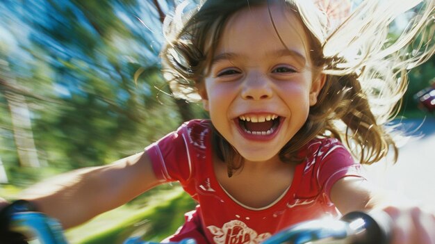 写真 小さな女の子がミニバイクに乗って笑っているそのバイクは彼女のペダリングによってのみ動いている