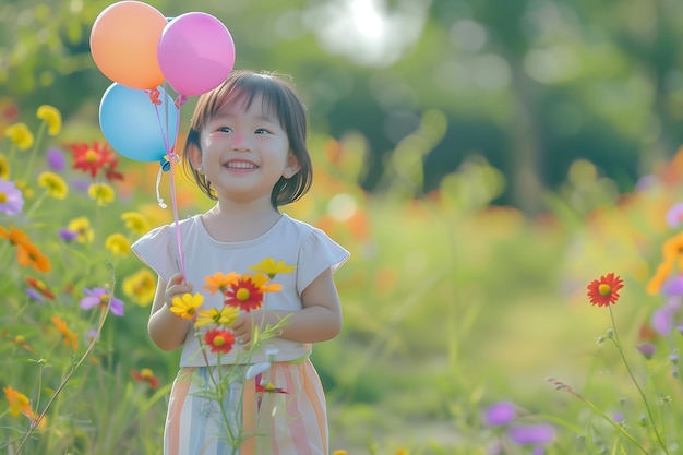 写真 花の畑で風船を持った小さな女の子