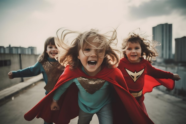 Фото Маленькая девочка в костюме супергероя бежит по улице.