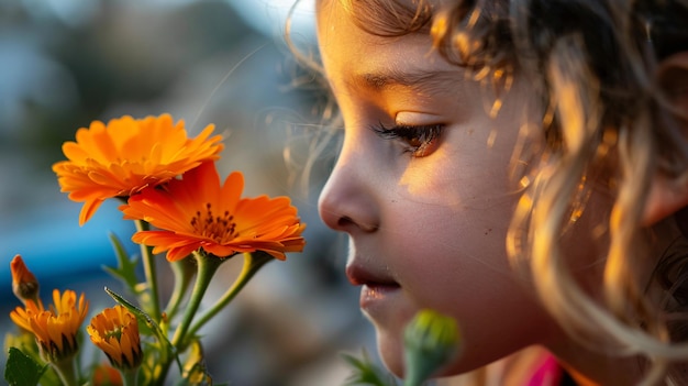 写真 小さな女の子がその上に文字が書かれた花を見ています