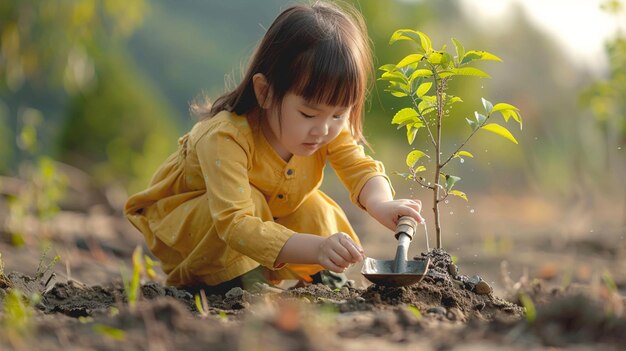 写真 小さな女の子が木を植えています