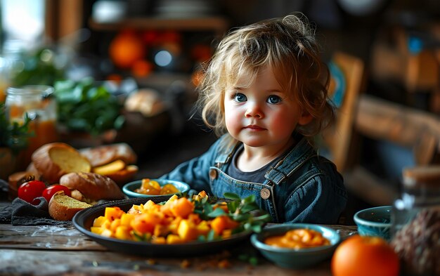 写真 小さな女の子が座って栄養のある食べ物を食べています