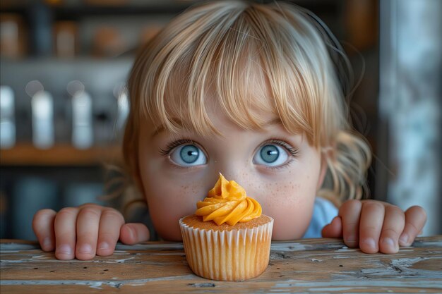 写真 カップケーキを見つめている小さな女の子