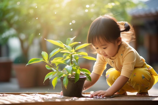 写真 鉢植えで遊ぶ小さな女の子