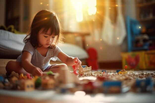 写真 小さな女の子がおもちゃセットで遊んでいます。