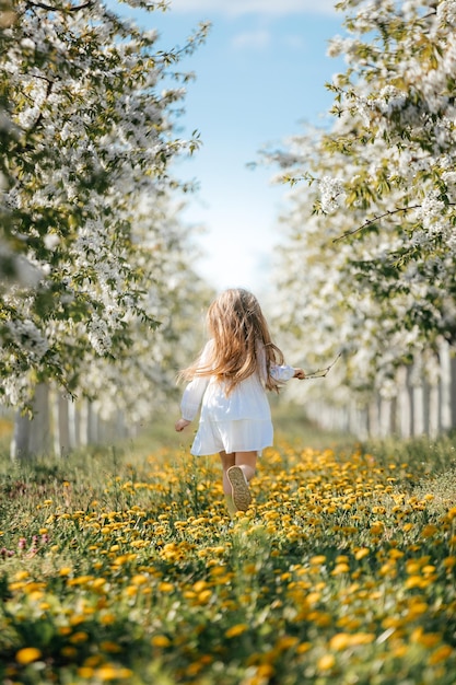 写真 小さな女の子が咲く庭を駆け抜ける