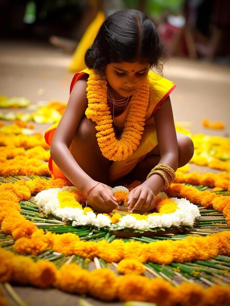 写真 地面に座って花のアレンジをしている小さな女の子