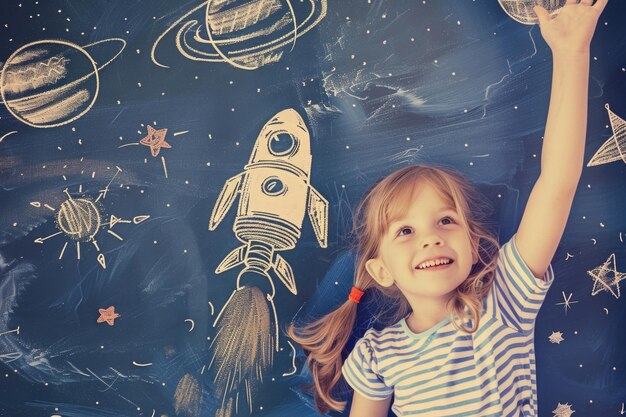 Фото Маленькая девочка стоит перед доской с нарисованной на ней ракетой, потерянная в своих мечтах о исследовании космоса.