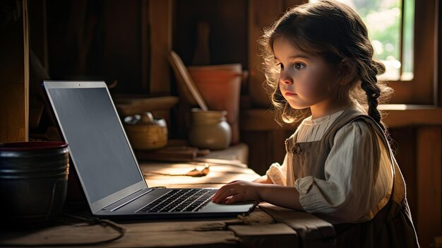 写真 小さな女の子はラップトップを使用して自宅でオンラインで勉強します 幸せな学生がpc画面を見ながらキーボードで入力することに興味を持っています