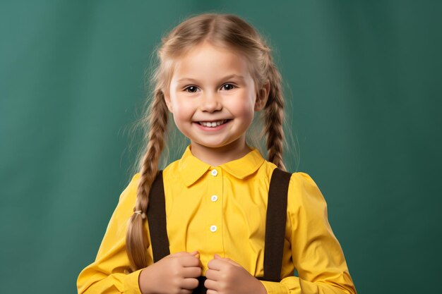 Фото Маленькая девочка в желтой рубашке и коричневых подвесках