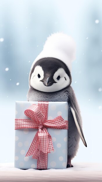 写真 背景としてクリスマスプレゼントの雪が降った小さなペンギン 生成型ai