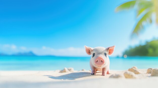 Фото Маленькая свинья стоит на пляже с пальмами.