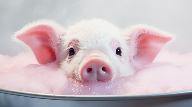 写真 小さな豚はピンクの泡で満たされた浴槽に座っています