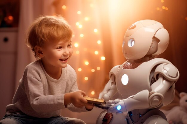 写真 笑顔の小さな男の子が本物のロボットと遊んでいます 子供のための楽しいロボットの友達です