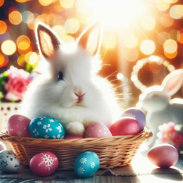 사진 부활절 달 중 작은  토끼와 지프소필라 렌즈 반이는 밝은 색의 bokehsun 광선
