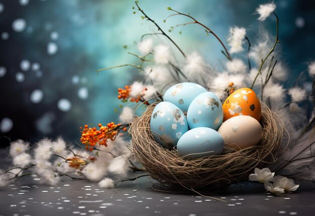 Фото Живой фон, украшенный красочными пасхальными яйцами