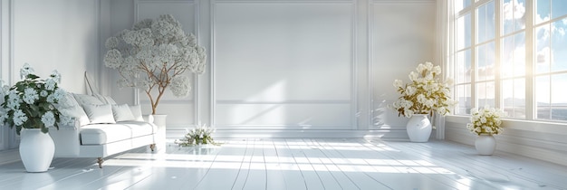 Фото Жилая комната с белым диваном на фоне белых стен