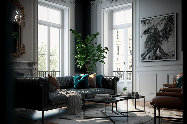 Фото Гостиная с черным диваном и стеклянным столом с растением на нем.