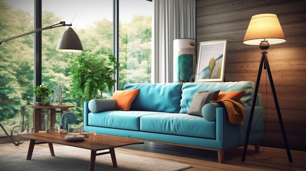 Фото Гостиная с синим диваном и деревянным столом