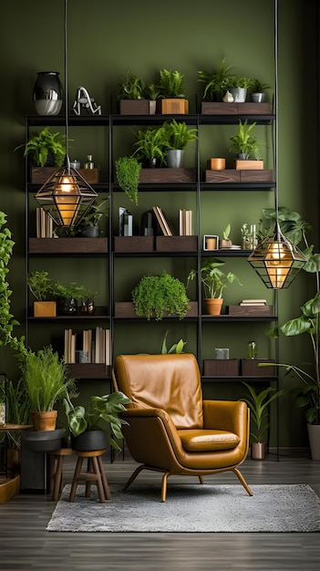 사진 비 식물로 가득 찬 의자 와 책 선반 을 가진 거실 농장 내부 도서관
