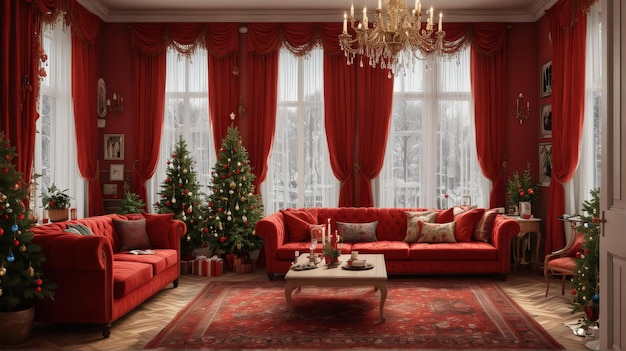 사진 크리스마스 트리와 빨간 소파가 있는 거실